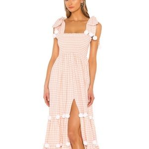 Pippa Long Dress - Gingham Peach & White Poms Poms